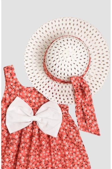 Şapkalı Çiçek Desenli Fiyonklu Kız Bebek Elbisesi - 8