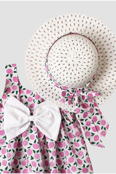 Kız Bebek Elbise Meyve Desenli Şapkalı Takım - Resim 5