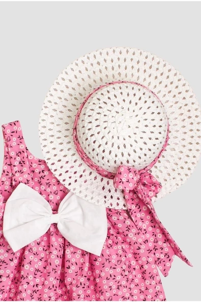 Şapkalı Çiçek Desenli Fiyonklu Kız Bebek Elbisesi - 11