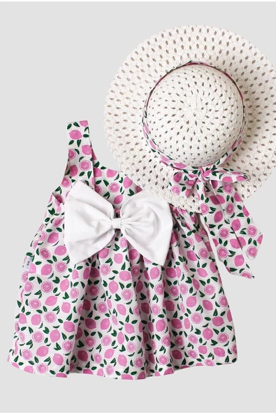 Kız Bebek Elbise Meyve Desenli Şapkalı Takım - Resim 7