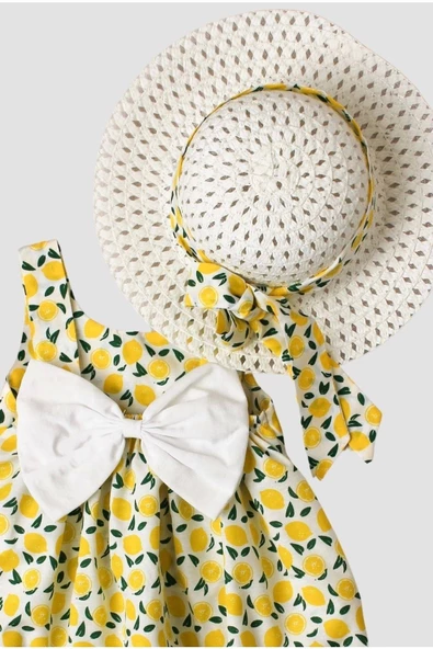 Kız Bebek Elbise Meyve Desenli Şapkalı Takım - 5