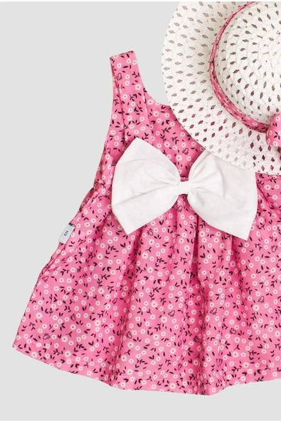 Şapkalı Çiçek Desenli Fiyonklu Kız Bebek Elbisesi - 12