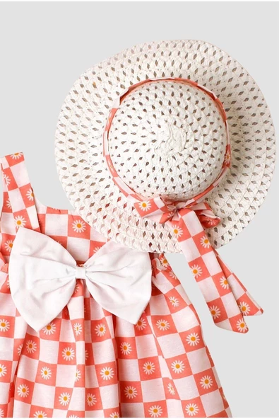 Papatya Desenli Şapkalı Fiyonklu Kız Bebek Elbisesi - 2