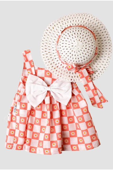 Papatya Desenli Şapkalı Fiyonklu Kız Bebek Elbisesi - 3