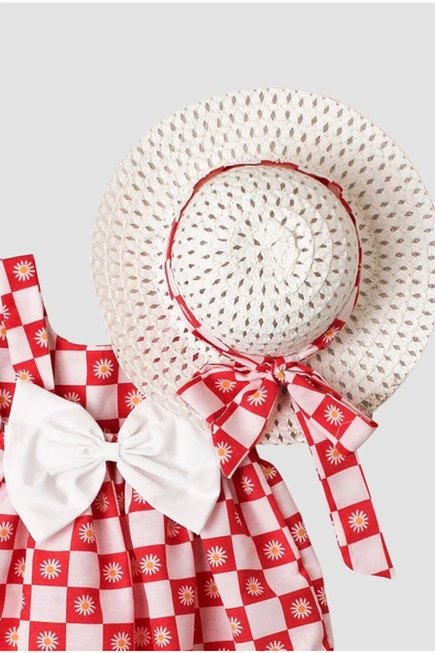 Papatya Desenli Şapkalı Fiyonklu Kız Bebek Elbisesi - 3