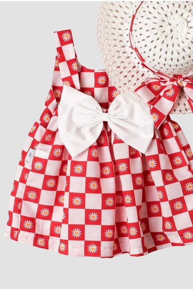 Papatya Desenli Şapkalı Fiyonklu Kız Bebek Elbisesi - 2