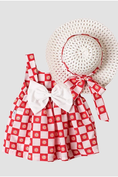 Papatya Desenli Şapkalı Fiyonklu Kız Bebek Elbisesi