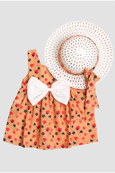 Desenli Fiyonklu Şapkalı Kız Bebek Elbisesi - 7