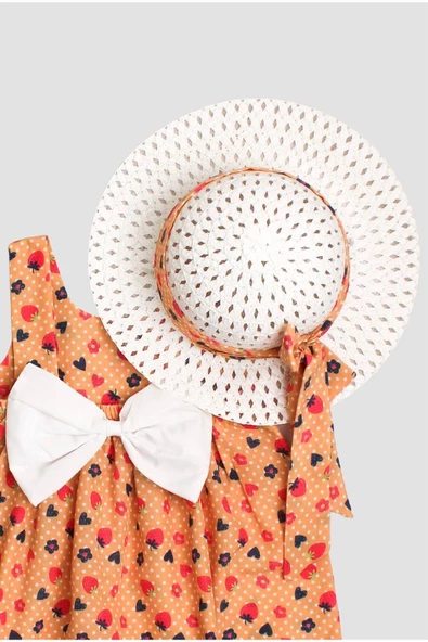 Desenli Fiyonklu Şapkalı Kız Bebek Elbisesi - 3