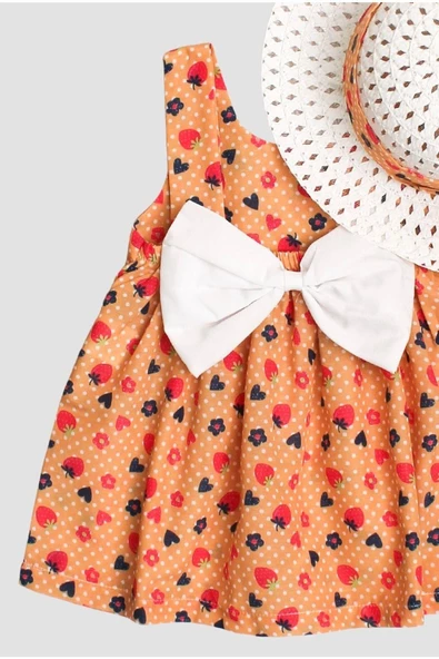 Desenli Fiyonklu Şapkalı Kız Bebek Elbisesi - 11