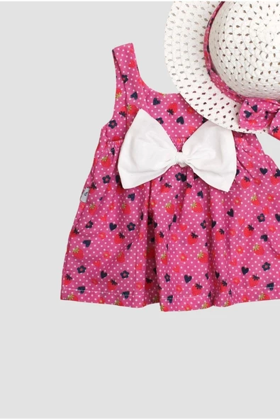 Desenli Fiyonklu Şapkalı Kız Bebek Elbisesi - 5