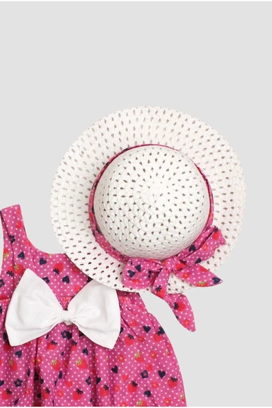 Desenli Fiyonklu Şapkalı Kız Bebek Elbisesi - 3
