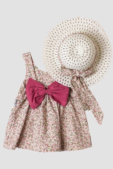 Şapkalı Küçük Çiçek Desenli Kız Bebek Elbisesi