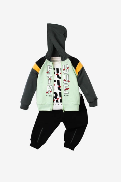 Future Baskılı Kapüşonlu Pamuk Bebek Takım 3’lü Takım hırka Sweatshirt Alt - 5