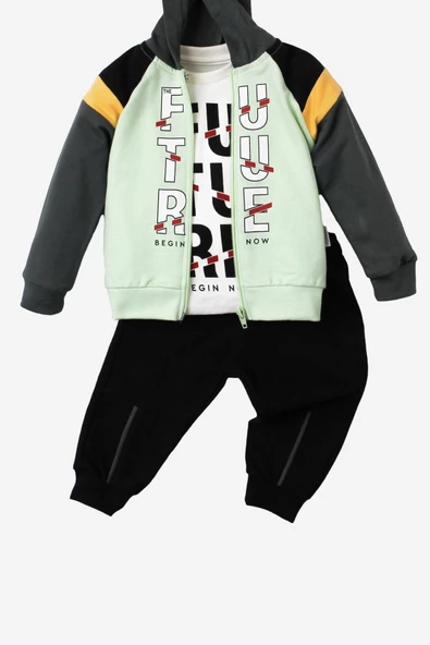 Future Baskılı Kapüşonlu Pamuk Bebek Takım 3’lü Takım hırka Sweatshirt Alt - 3