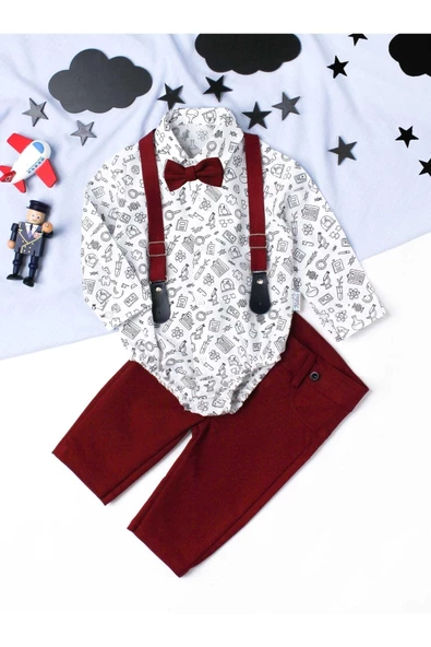 Bebek Gömlek Pantolon Slopetli Papyonlu Takım %100 Pamuklu - 5
