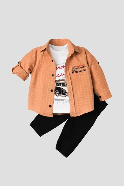 Erkek Bebek Spor Gömlek Takım Pantolon Üst Sweatshirt Üçlü TakIm Pamuklu Takım - 11