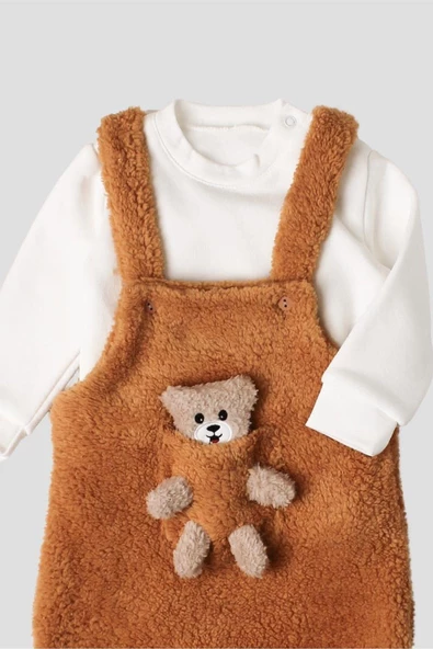Kışlık Tatlı Peluş İkili Takım Bebek Oyuncaklı Salopet Sweatshirt - 5