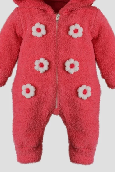 kışlık Tatlı Peluş Pamuklu Bebek Çiçekli Welsoft Kapüşonlu Tulum - 3