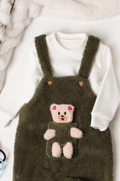 Kışlık Tatlı Peluş İkili Takım Bebek Oyuncaklı Salopet Sweatshirt - 5