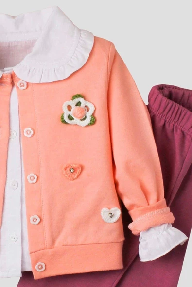 El Örmesi Çiçekli Pamuklu Hırka Gömlek Ve Alt Bebek Takımı - 11