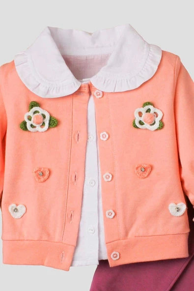 El Örmesi Çiçekli Pamuklu Hırka Gömlek Ve Alt Bebek Takımı - 3