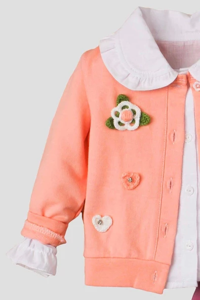 El Örmesi Çiçekli Pamuklu Hırka Gömlek Ve Alt Bebek Takımı - 10