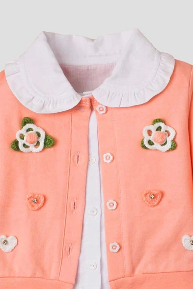 El Örmesi Çiçekli Pamuklu Hırka Gömlek Ve Alt Bebek Takımı - 6