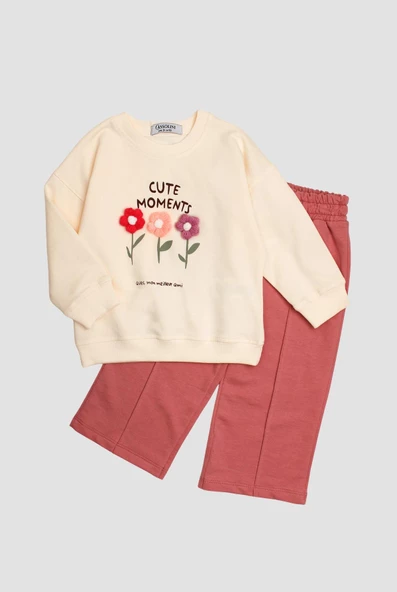 Örme Çiçek Detaylı Oversize Alt Üst Bebek Çocuk Eşorfman Takımı