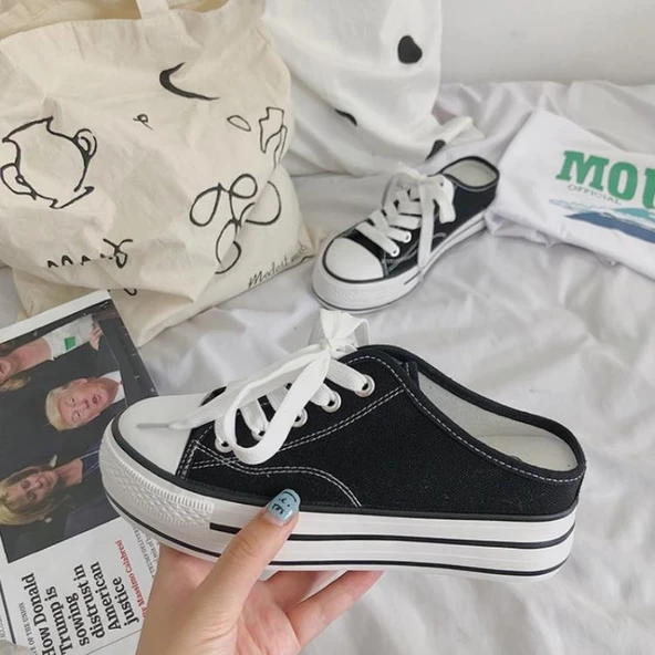 Cbtx Kadın Kanvas Ayakkabı İçi Yüksek Yarı Terlik Tembel Ayakkabı 001 - 5