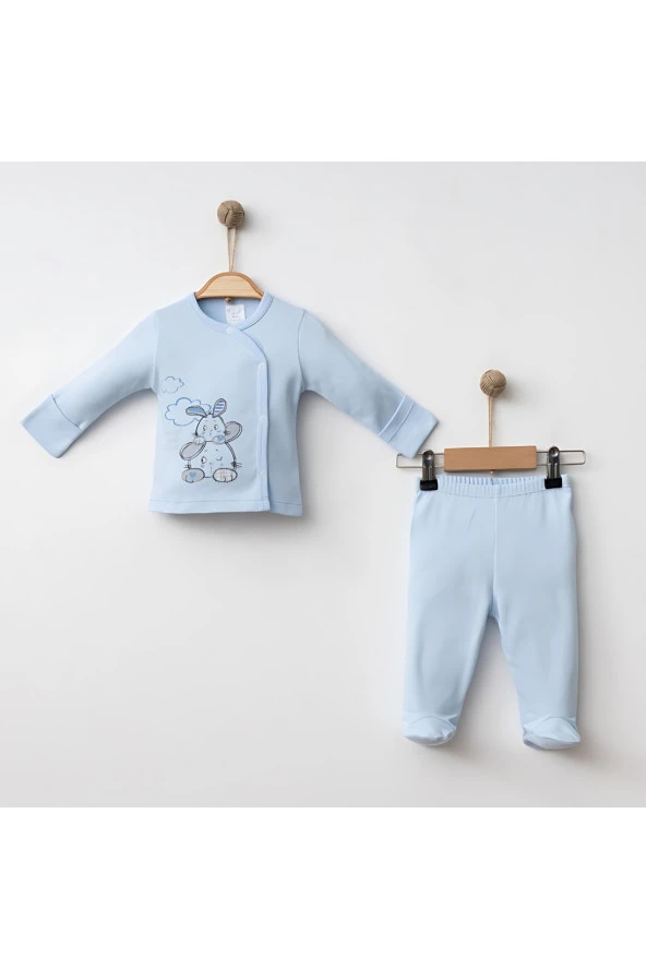 Kız Bebek Takım %100 Pamuklu Uzun Kollu Pembe Tavşan Baskılı Bebek Pijama Seti 0-3 Aylık  Mavi 0-3 AY