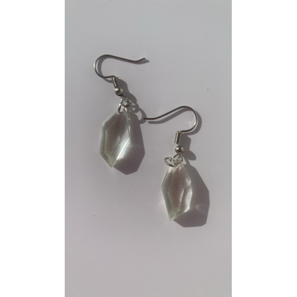 Şeffaf Renk Gece Mavi Neon Olan Kristal Şekilli Gümüş Aksesuarlı Küpe Epoksi El Yapımı Hediyelik - Resim 3