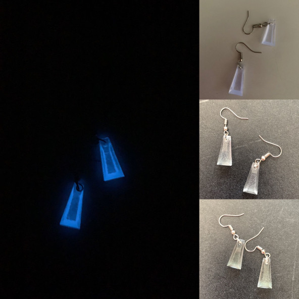 Şeffaf Renk Gece Mavi Neon Olan Piramit Şekilli Gümüş Aksesuarlı Küpe Epoksi El Yapımı Hediyelik - Resim 2