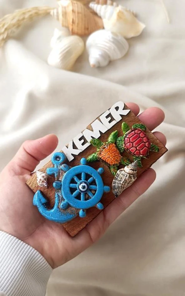 Kemer Yazılı Nazar Kaplumbağa Deniz Kabuğu Ahşap Mıknatıslı Magnet Buzdolabı Süsü - Resim 2