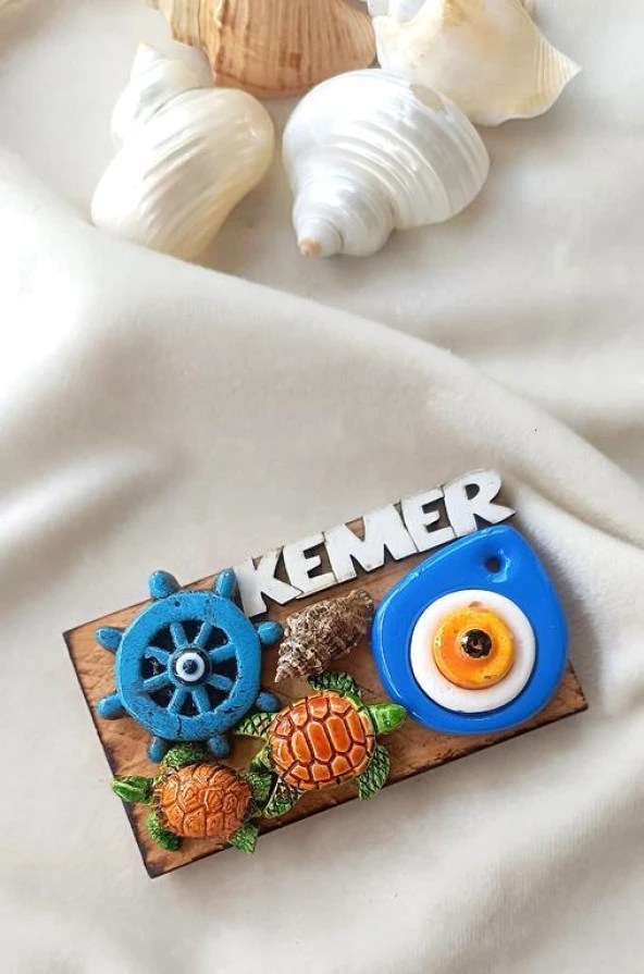Kemer Yazılı Nazar Çapa Kaplumbağa Deniz Kabuğu Ahşap Mıknatıslı Magnet Buzdolabı Süsü