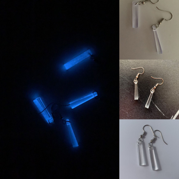 Şeffaf Renk Gece Mavi Neon Olan Çubuk Şekilli Gümüş Aksesuarlı Küpe Epoksi El Yapımı Hediyelik - Resim 8