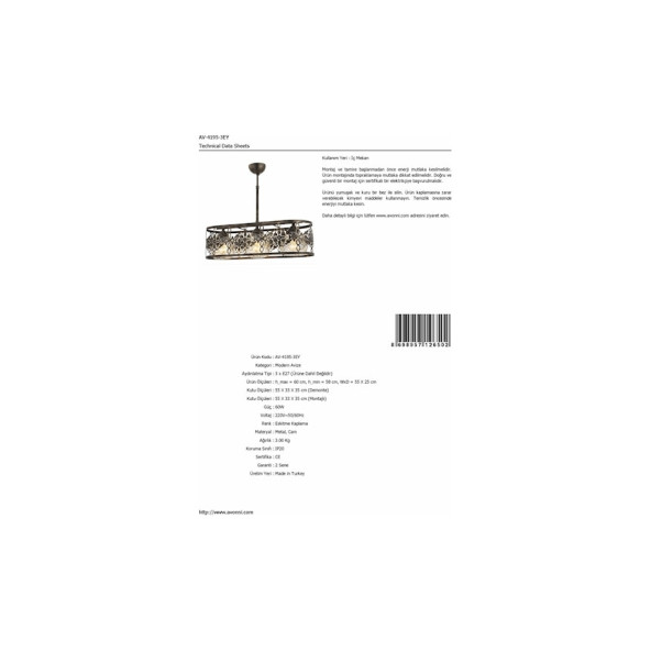 Avonnı AV-4195-3EY Eskitme Kaplama Klasik Avize E27 55x25cm - 3