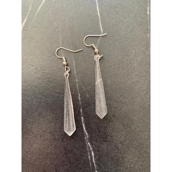 Şeffaf Renk Gece Mavi Neon Olan Gümüş Aksesuar Küçük Piramit Şekil Sallantılı Epoksi Küpe Hediyelik - Resim 5