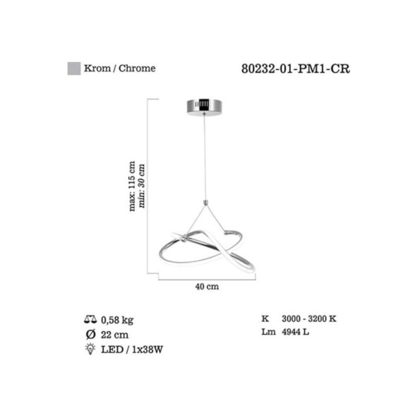 Lucea Belly K.Boy Ledli Tekli Sarkıt - Krom 38W - 3