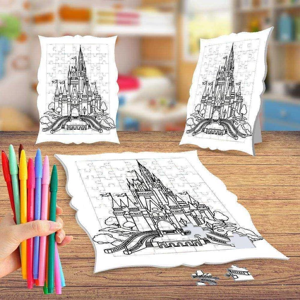 Büyüleyici Şato Boyama Puzzle Tablo Çocuk Eğitici Yapboz