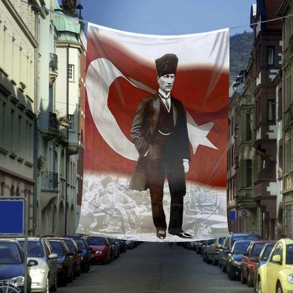 Ay Yıldız Türk Bayrağı -Sivil Kalpaklı Mustafa Kemal Atatürk Poster Dış Cephe Bayrak -600x900 cm