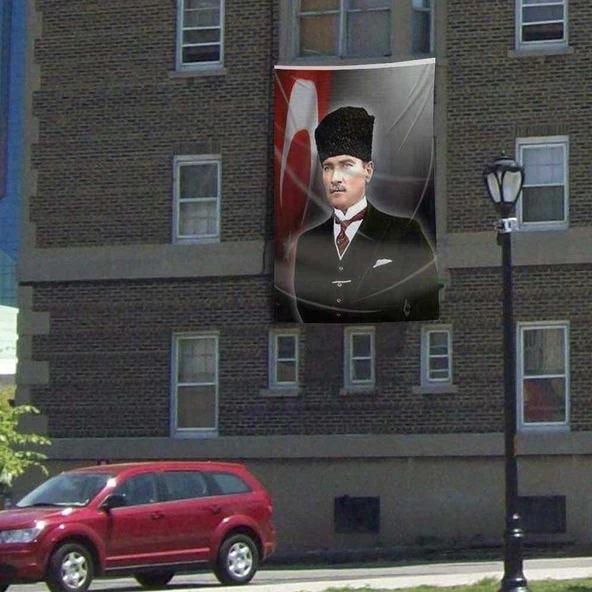 Ay Yıldız - Kalpaklı Mustafa Kemal Atatürk Cephe Poster Bayrağı -3X4,5 metre