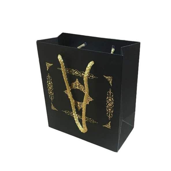 Karton İpsaplı Hediye Çantası Saray Desenli GOLD 15X17X8 10 Adet  Siyah