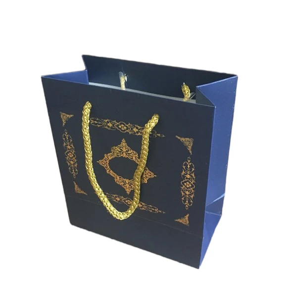 Karton İpsaplı Hediye Çantası Saray Desenli GOLD 15X17X8 10 Adet  Lacivert