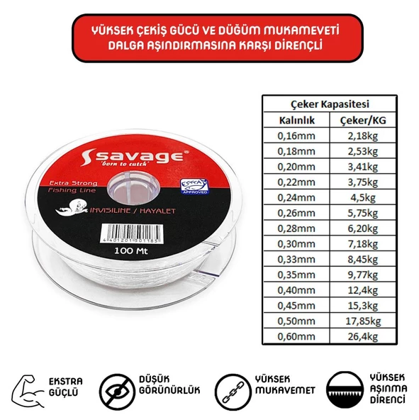Savage Hayalet Sazan Yayın Turna Alabalık Olta Misinası 100 Metre - 2