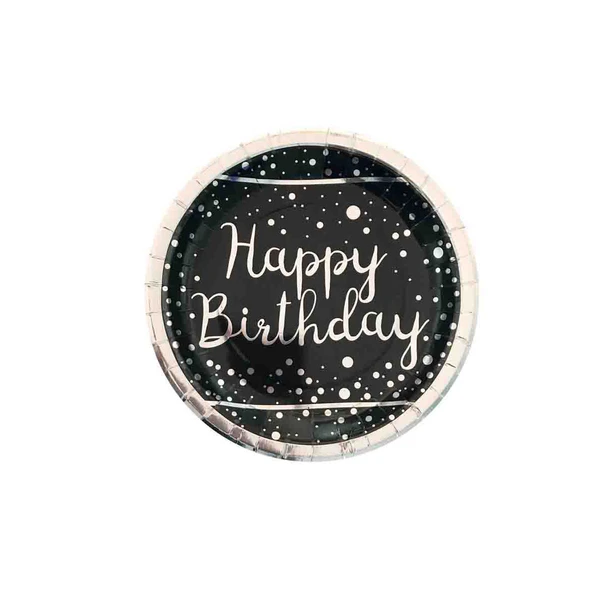 Karton Tabak Parlak Gümüş Varak Baskılı Happy Birthday (6 Adet)  Siyah