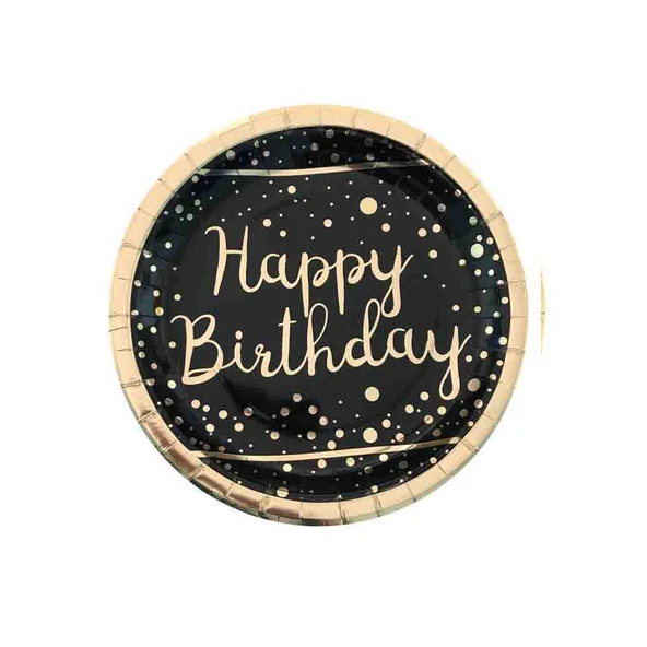Karton Tabak Parlak Altın Varak Baskılı Happy Birthday (6 Adet)  Siyah