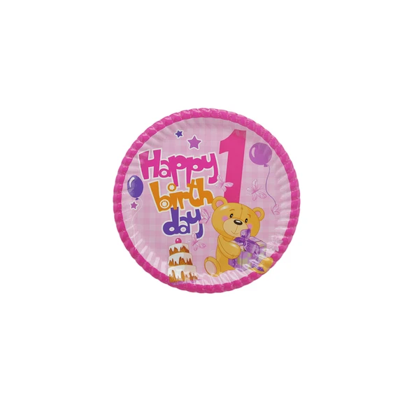 Tabak Karton 1 Yaş Happy Birthday Ayıcıklı 23 Cm (8 Adet)  Pembe