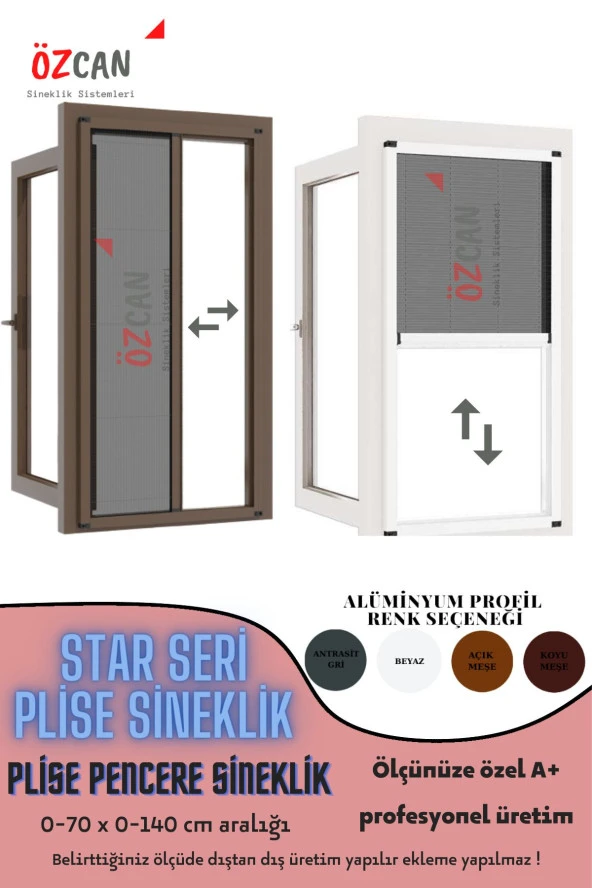 Plise Pileli Sürgülü Sineklik 0-70 X 0-140 Cm(AHŞAP PENCERE,PİMAPEN PENCERE) Pilise Pencere Sineklik