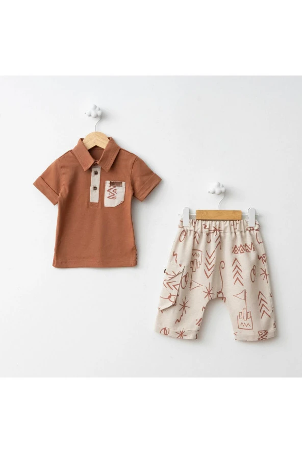 Etnik Desen Polo Yaka Pantolon Takım Kahverengi - 1